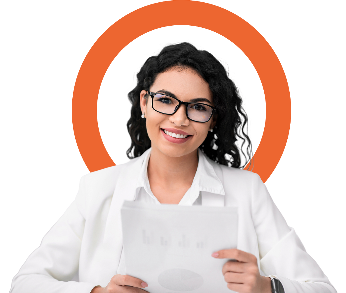 woman smiling and holding report